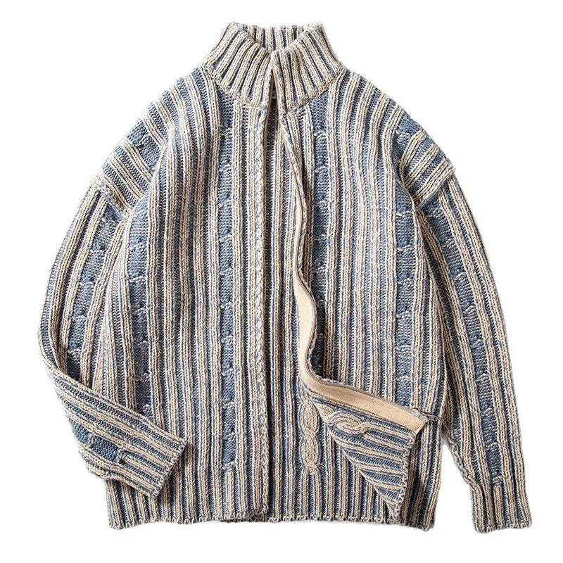 High-Neck Zip Cardigan for Men with Ribbed Pattern