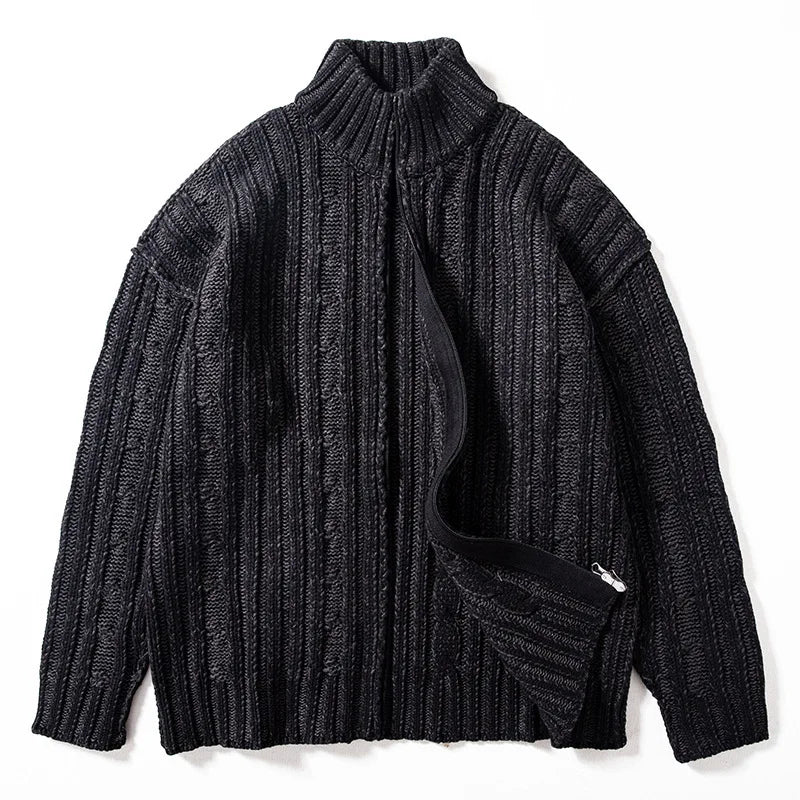 High-Neck Zip Cardigan for Men with Ribbed Pattern