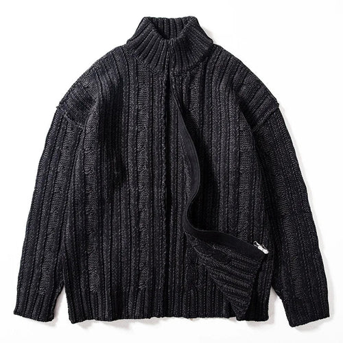 High-Neck Zip Cardigan for Men with Ribbed Pattern