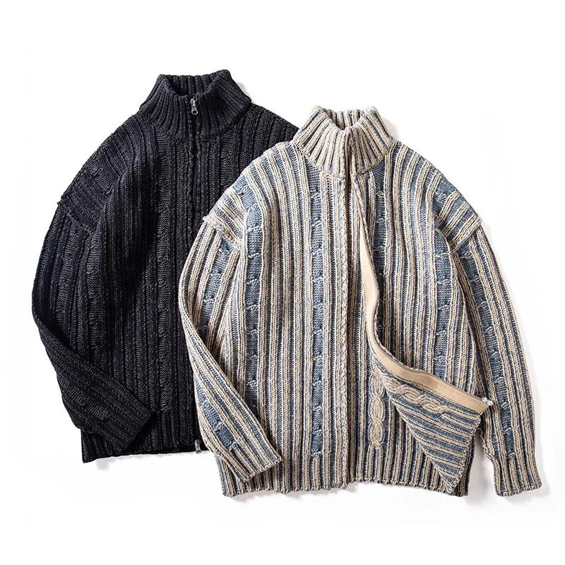 High-Neck Zip Cardigan for Men with Ribbed Pattern