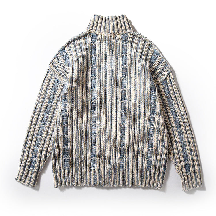 High-Neck Zip Cardigan for Men with Ribbed Pattern