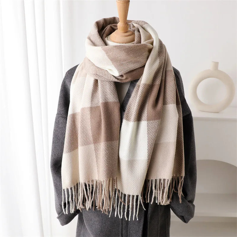 Large Plaid Scarf with Fringe Ends
