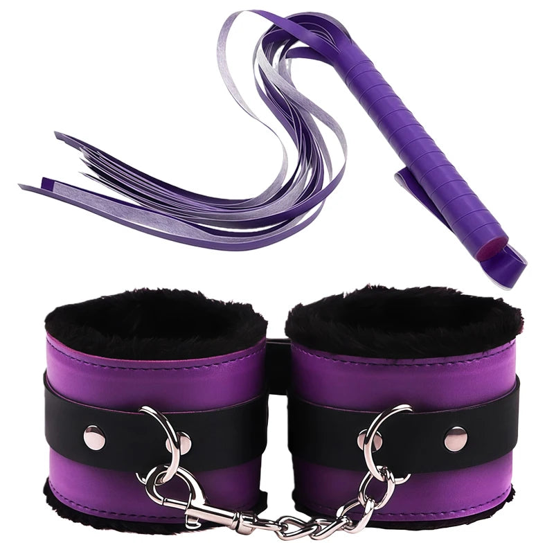 Goods For Adults Set Sexy Leather Plush Handcuffs Blindfold Spanking Soft Whips Tying Cotton Rope Couple Games Bondage Equipment