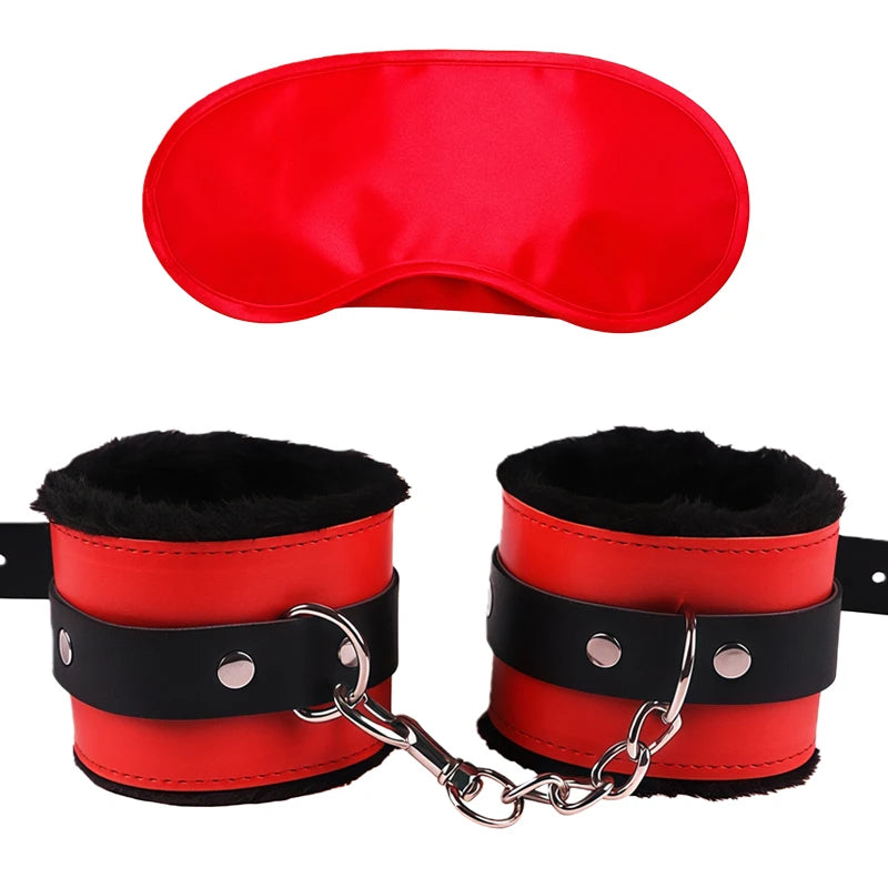 Goods For Adults Set Sexy Leather Plush Handcuffs Blindfold Spanking Soft Whips Tying Cotton Rope Couple Games Bondage Equipment