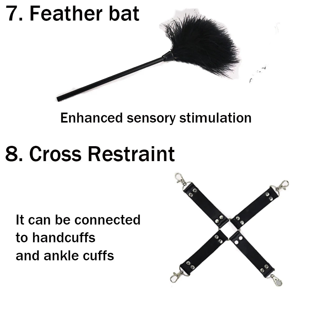 BDSM Bondage Restraint Kit 10 Pieces Leather Handcuffs Ankle Cuffs Collar Whip Ball Gag Blindfold Nipple Clamps Rope for Couples