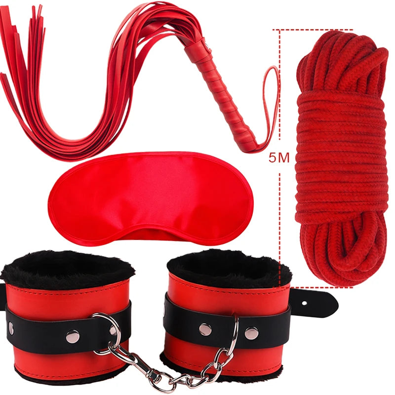 Goods For Adults Set Sexy Leather Plush Handcuffs Blindfold Spanking Soft Whips Tying Cotton Rope Couple Games Bondage Equipment