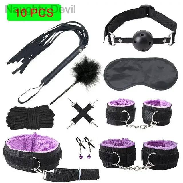 Erotic Bdsm Set Sexy Leather Plush Sex Toys Bondage Kit Handcuffs Feather Blindfold Flirt Exotic Accessories Couples Adult Games
