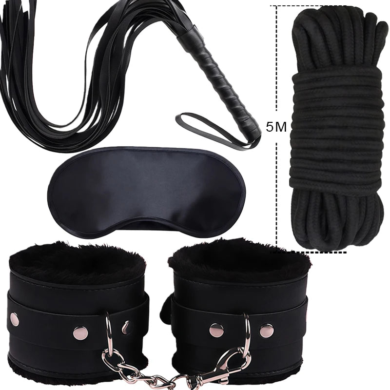 Goods For Couple Games Bondage Equipment Adults Set Sexy Leather Plush Handcuffs Blindfold Spanking Soft Whips Tying Cotton Rope