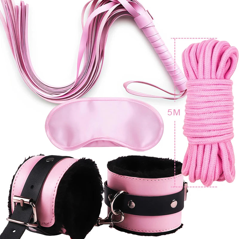 Goods For Couple Games Bondage Equipment Adults Set Sexy Leather Plush Handcuffs Blindfold Spanking Soft Whips Tying Cotton Rope