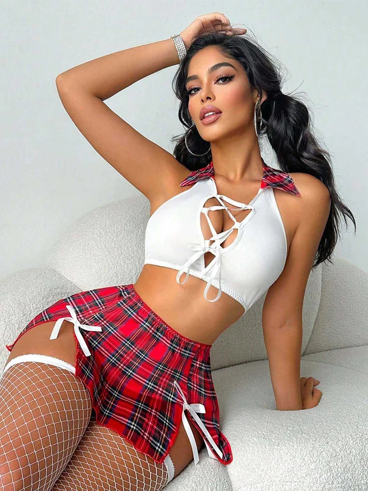 Sexy Costume Role-playing Student Lingerie Halter Crop Top Red Plaid Mini Skirt  2 Pieces Erotic Lingerie Female Naughty Outfits