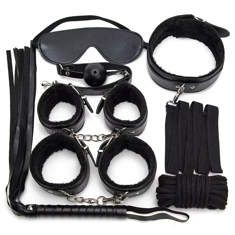 Erotic Bdsm Set Sexy Leather Plush Sex Toys Bondage Kit Handcuffs Feather Blindfold Flirt Exotic Accessories Couples Adult Games
