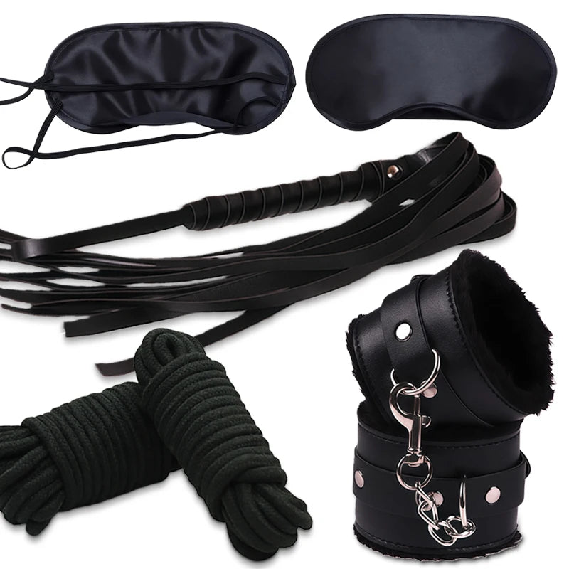 Goods For Adults Set Sexy Leather Plush Handcuffs Blindfold Spanking Soft Whips Tying Cotton Rope Couple Games Bondage Equipment
