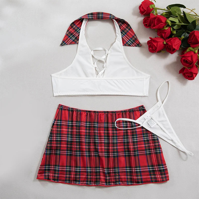 Sexy Costume Role-playing Student Lingerie Halter Crop Top Red Plaid Mini Skirt  2 Pieces Erotic Lingerie Female Naughty Outfits