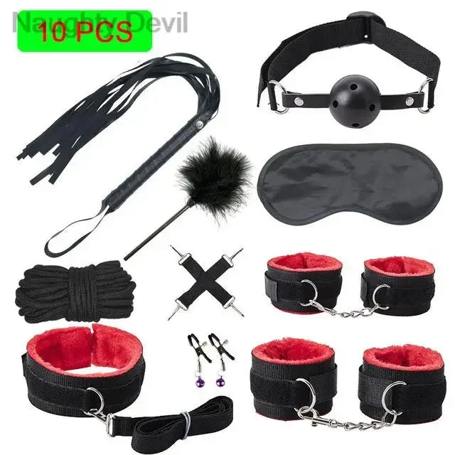 Erotic Bdsm Set Sexy Leather Plush Sex Toys Bondage Kit Handcuffs Feather Blindfold Flirt Exotic Accessories Couples Adult Games