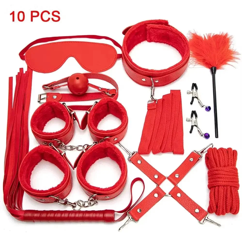 Erotic Bdsm Set Sexy Leather Plush Sex Toys Bondage Kit Handcuffs Feather Blindfold Flirt Exotic Accessories Couples Adult Games