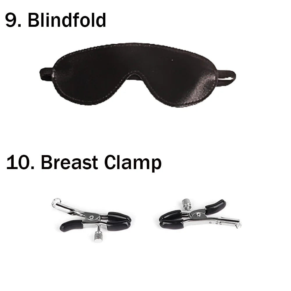 BDSM Bondage Restraint Kit 10 Pieces Leather Handcuffs Ankle Cuffs Collar Whip Ball Gag Blindfold Nipple Clamps Rope for Couples