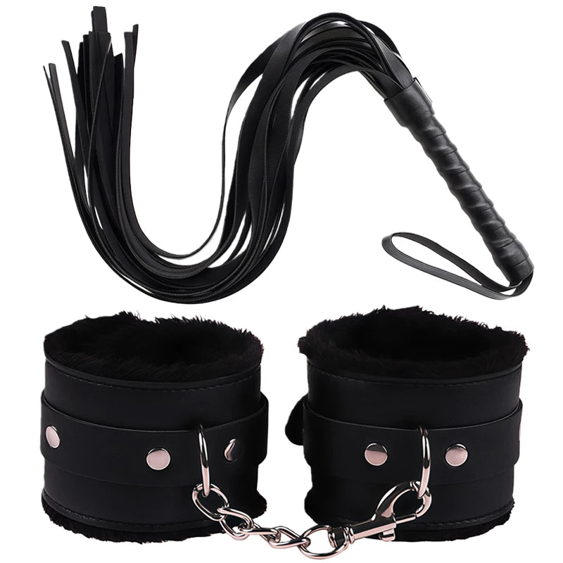 Goods For Adults Set Sexy Leather Plush Handcuffs Blindfold Spanking Soft Whips Tying Cotton Rope Couple Games Bondage Equipment