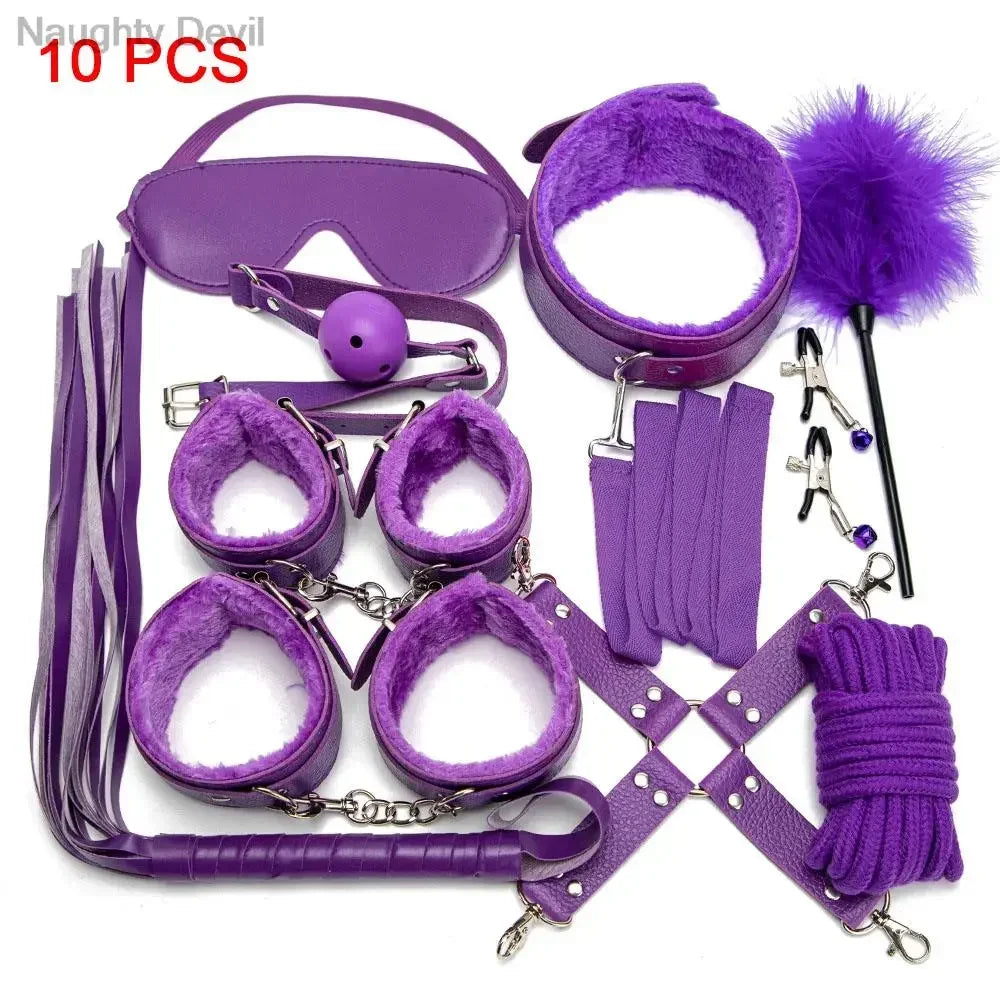 Erotic Bdsm Set Sexy Leather Plush Sex Toys Bondage Kit Handcuffs Feather Blindfold Flirt Exotic Accessories Couples Adult Games