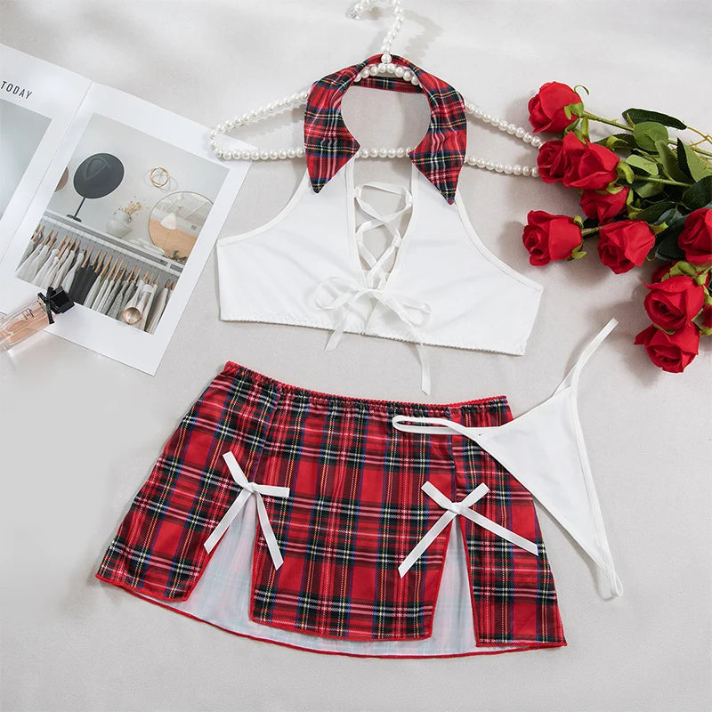 Sexy Costume Role-playing Student Lingerie Halter Crop Top Red Plaid Mini Skirt  2 Pieces Erotic Lingerie Female Naughty Outfits