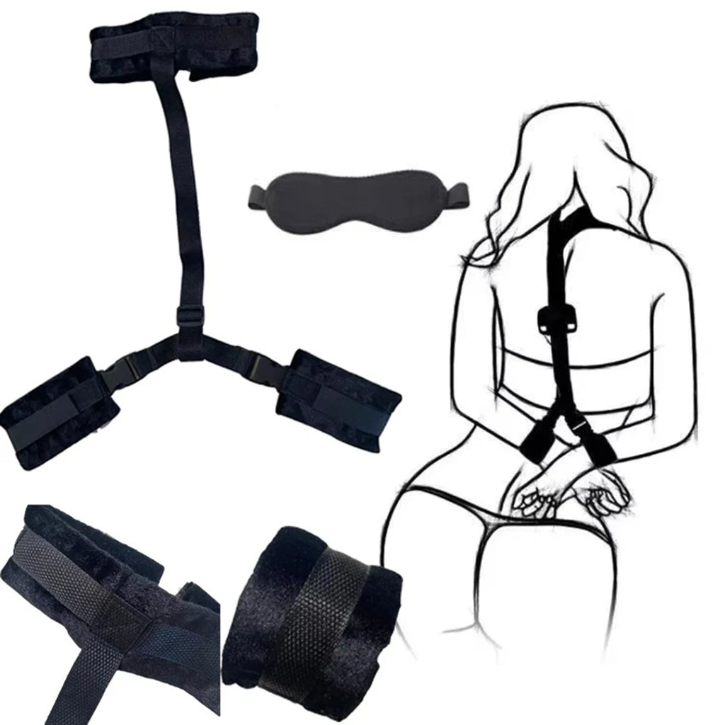 BDSM Set Sexy Handcuffs Eye Blinder Kit Soft Adjust Neck Restraint Backhandcuffs Blindfold Sex Toy Adult Couple SM Slave Game