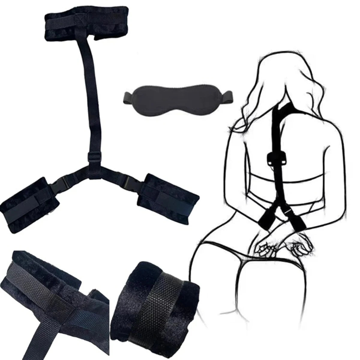 BDSM Set Sexy Handcuffs Eye Blinder Kit Soft Adjust Neck Restraint Backhandcuffs Blindfold Sex Toy Adult Couple SM Slave Game