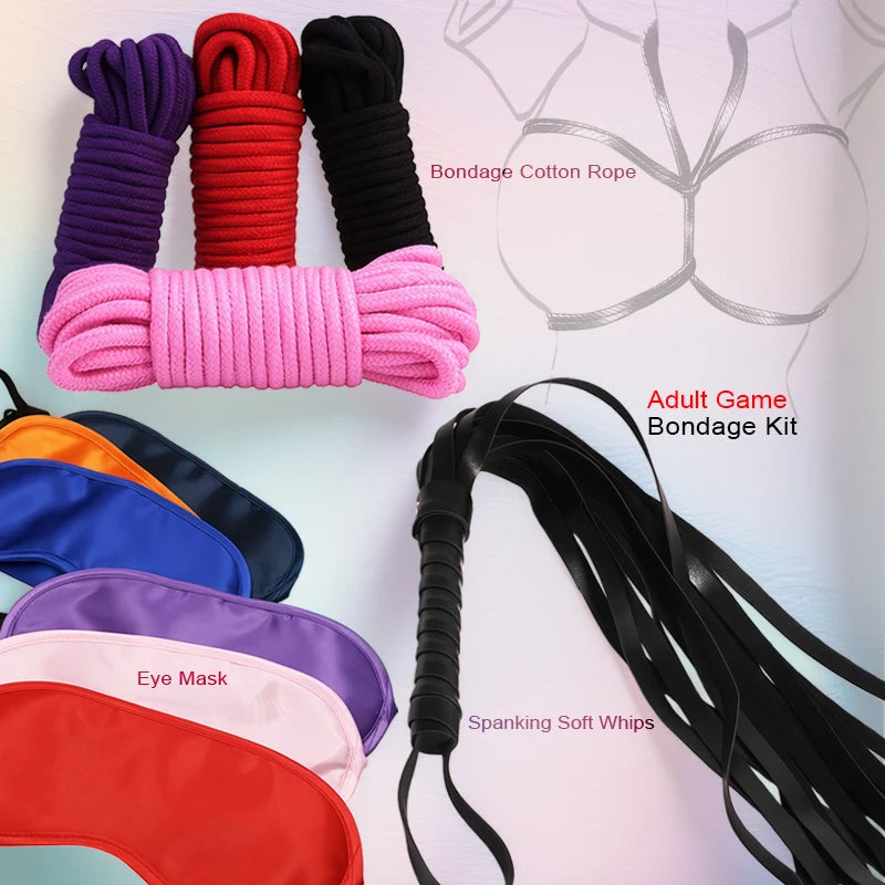 Goods For Adults Set Sexy Leather Plush Handcuffs Blindfold Spanking Soft Whips Tying Cotton Rope Couple Games Bondage Equipment