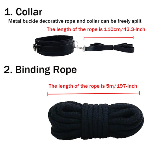 BDSM Bondage Restraint Kit 10 Pieces Leather Handcuffs Ankle Cuffs Collar Whip Ball Gag Blindfold Nipple Clamps Rope for Couples