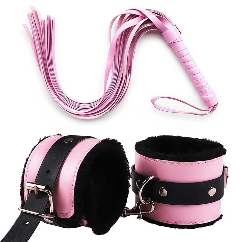 Goods For Couple Games Bondage Equipment Adults Set Sexy Leather Plush Handcuffs Blindfold Spanking Soft Whips Tying Cotton Rope