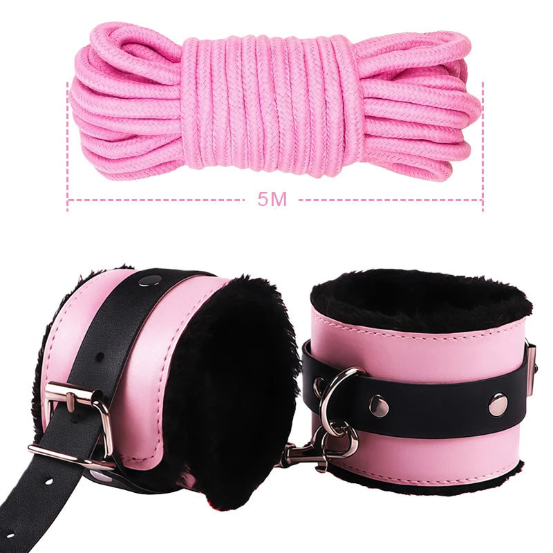 Goods For Couple Games Bondage Equipment Adults Set Sexy Leather Plush Handcuffs Blindfold Spanking Soft Whips Tying Cotton Rope