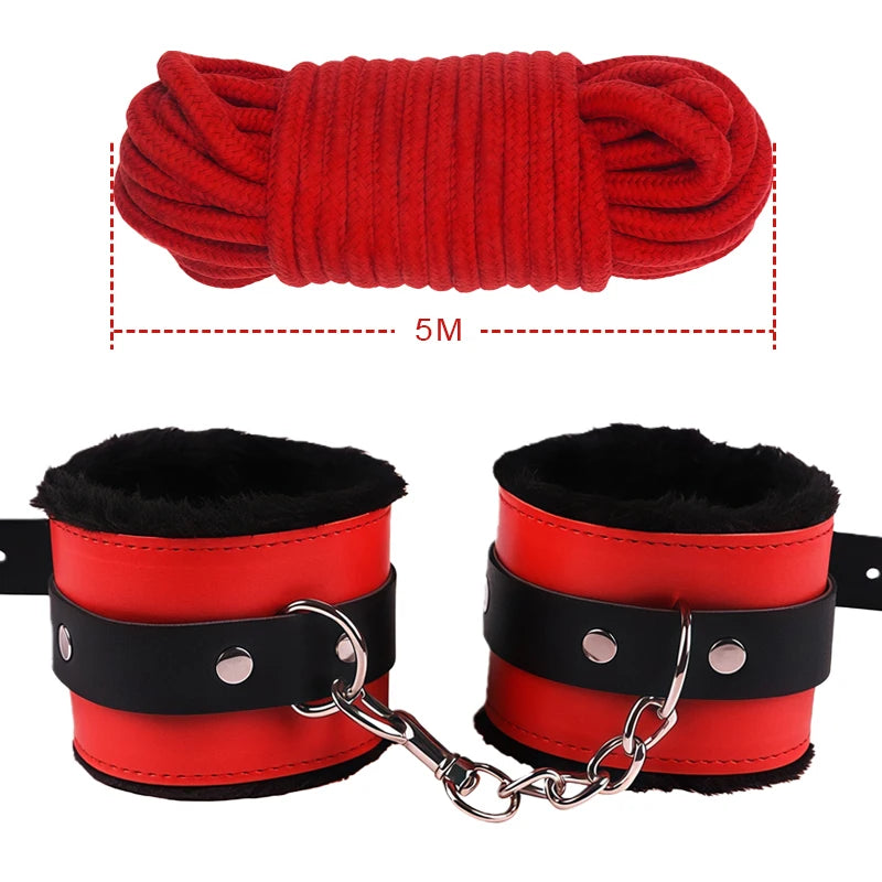 Goods For Couple Games Bondage Equipment Adults Set Sexy Leather Plush Handcuffs Blindfold Spanking Soft Whips Tying Cotton Rope
