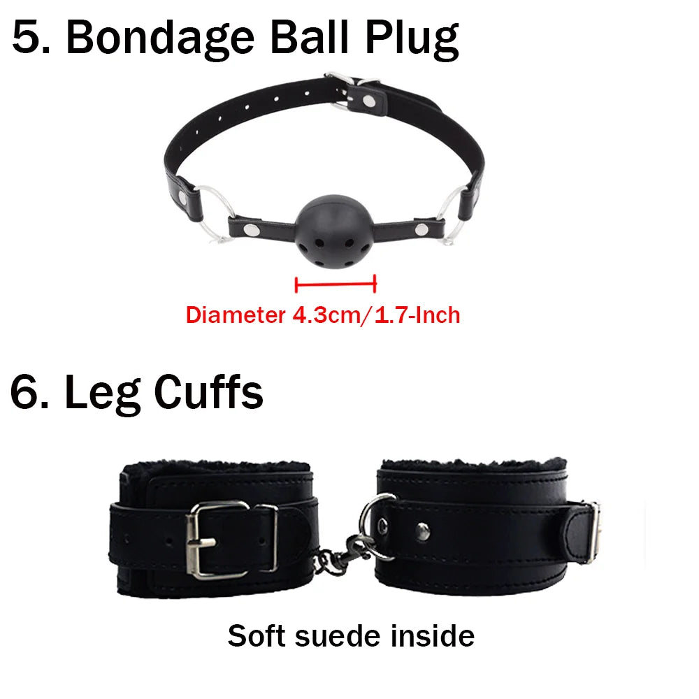 BDSM Bondage Restraint Kit 10 Pieces Leather Handcuffs Ankle Cuffs Collar Whip Ball Gag Blindfold Nipple Clamps Rope for Couples