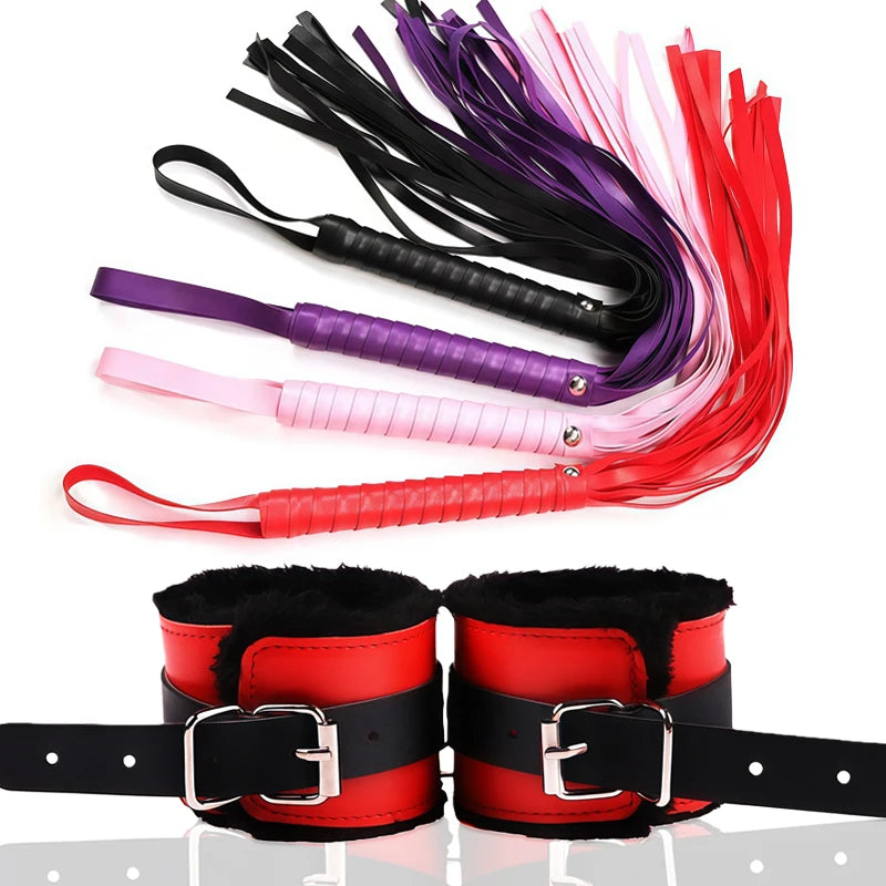 Goods For Adults Set Sexy Leather Plush Handcuffs Blindfold Spanking Soft Whips Tying Cotton Rope Couple Games Bondage Equipment