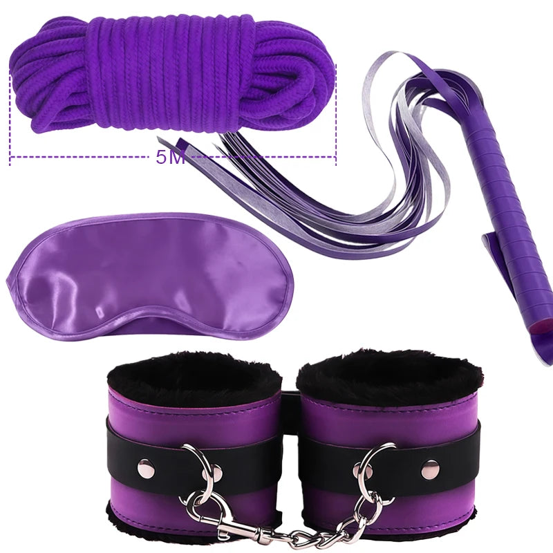 Goods For Adults Set Sexy Leather Plush Handcuffs Blindfold Spanking Soft Whips Tying Cotton Rope Couple Games Bondage Equipment