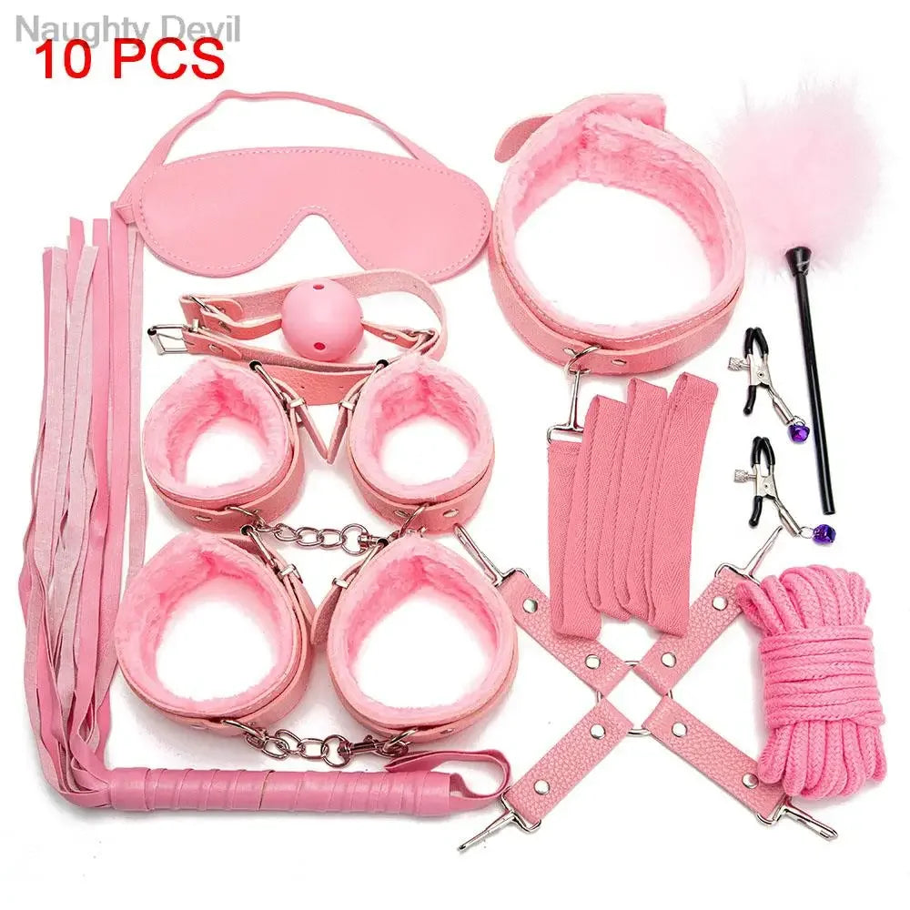 Erotic Bdsm Set Sexy Leather Plush Sex Toys Bondage Kit Handcuffs Feather Blindfold Flirt Exotic Accessories Couples Adult Games