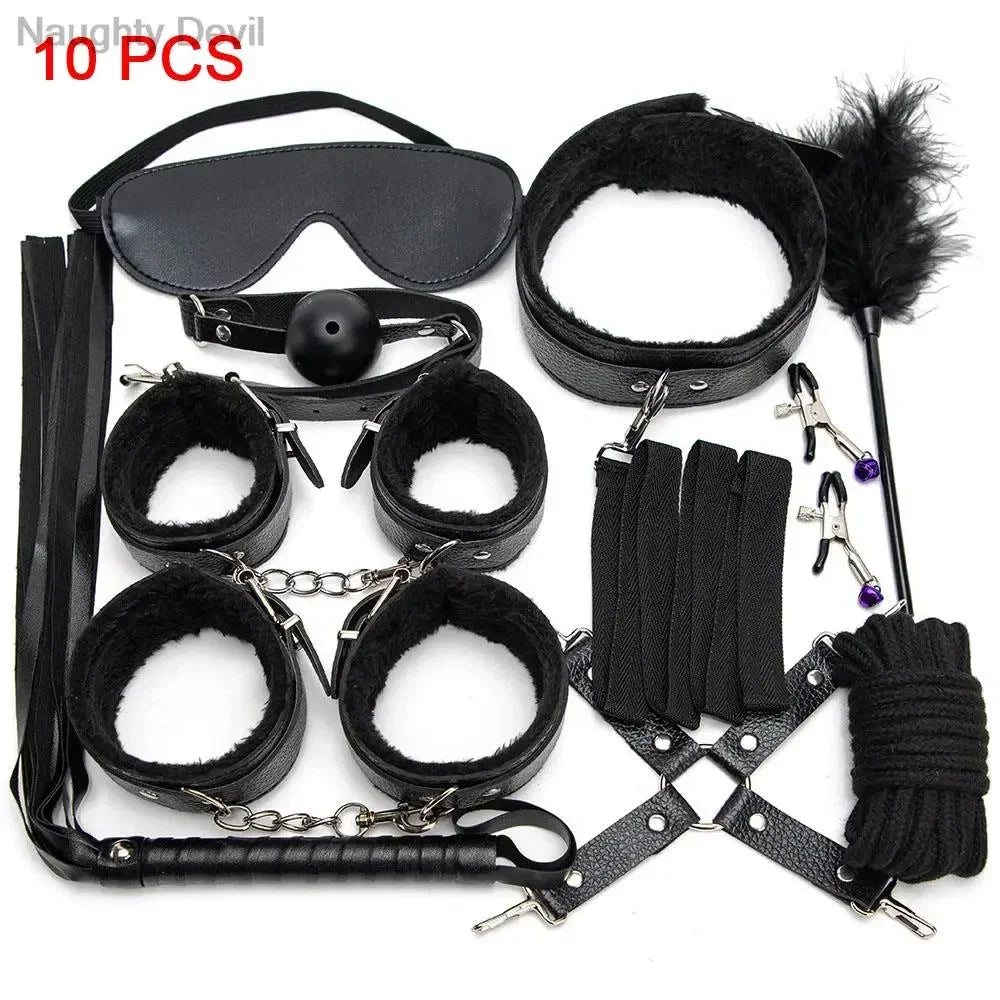 Erotic Bdsm Set Sexy Leather Plush Sex Toys Bondage Kit Handcuffs Feather Blindfold Flirt Exotic Accessories Couples Adult Games