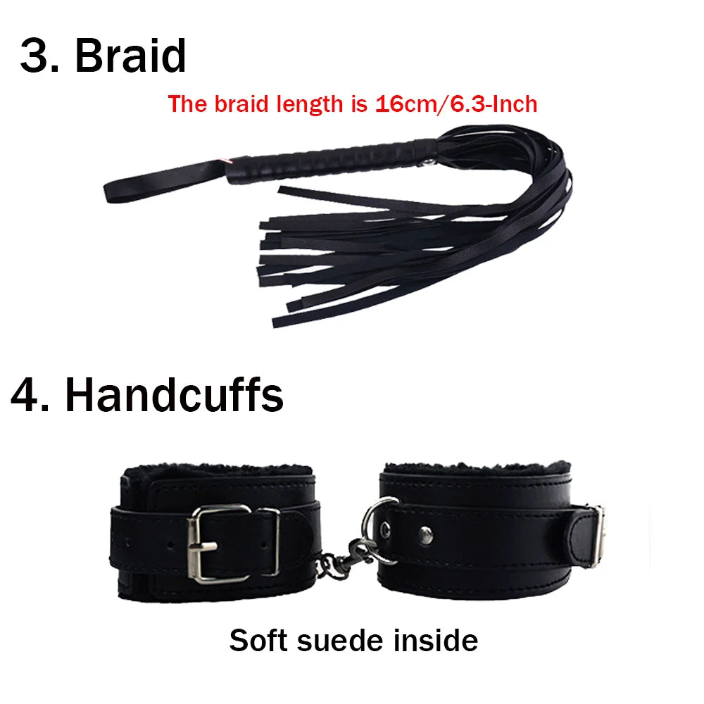 BDSM Bondage Restraint Kit 10 Pieces Leather Handcuffs Ankle Cuffs Collar Whip Ball Gag Blindfold Nipple Clamps Rope for Couples