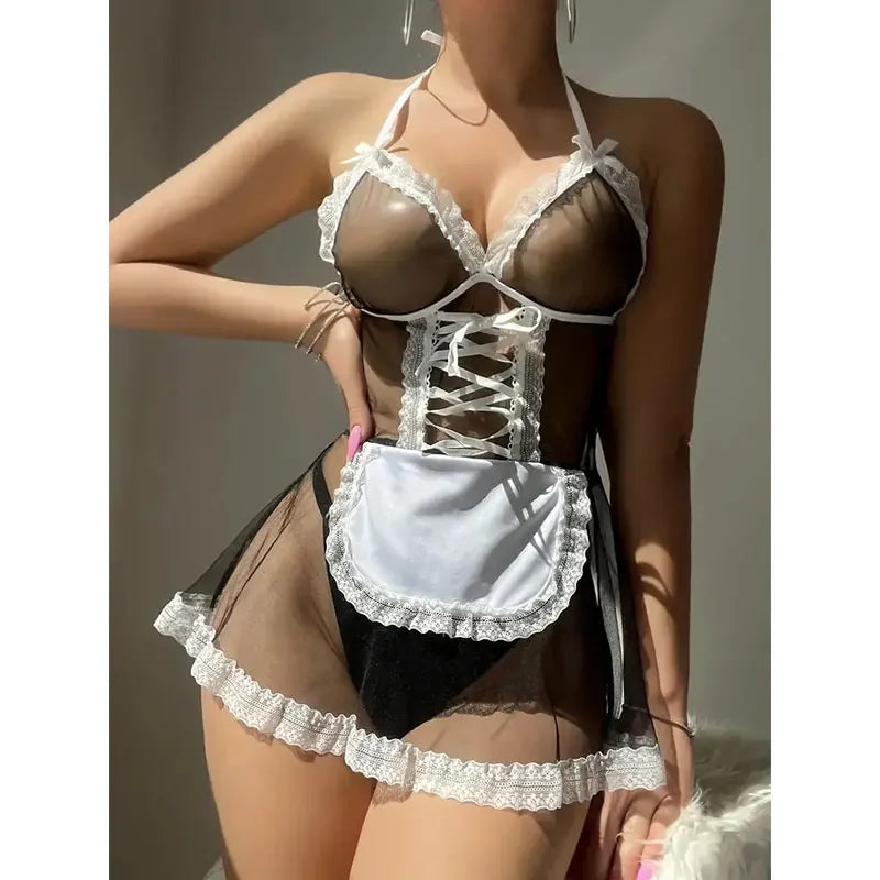 Sexy Lingerie  Maid Costume Transparent Sexy Cosplay Dress  Erotic Lingerie Maids Uniforms Women Baby Doll  Sex Suit Sexy Skirt