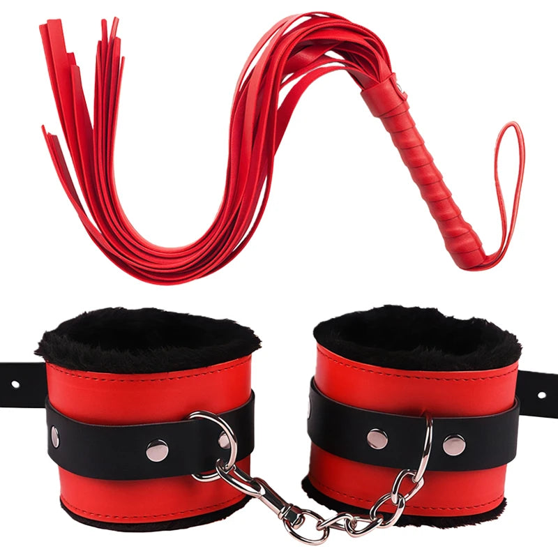 Goods For Couple Games Bondage Equipment Adults Set Sexy Leather Plush Handcuffs Blindfold Spanking Soft Whips Tying Cotton Rope